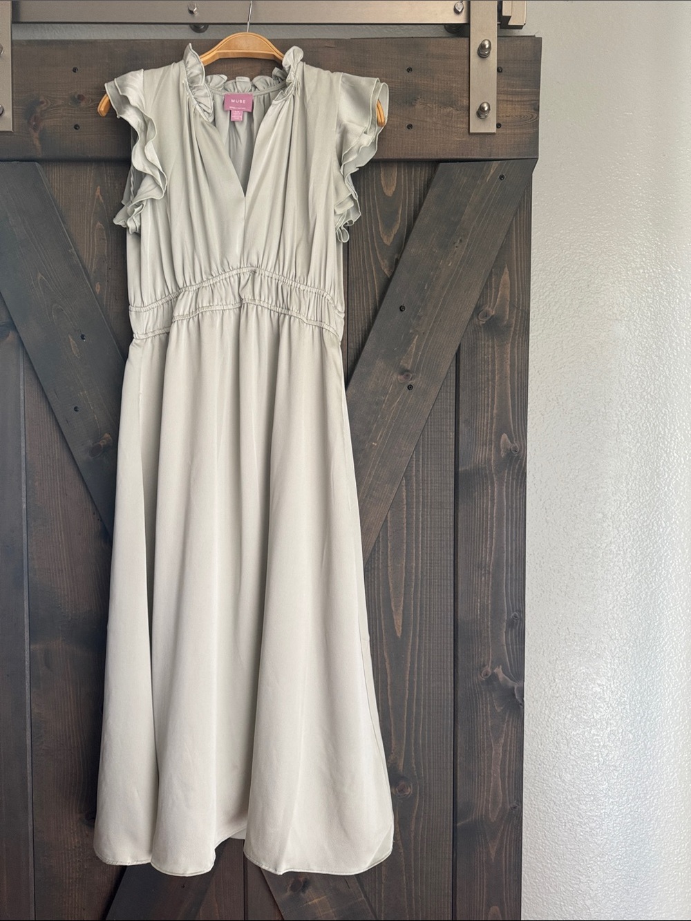 Muse Pale Sage Ruffle-Trim V-Neck Maxi Dress